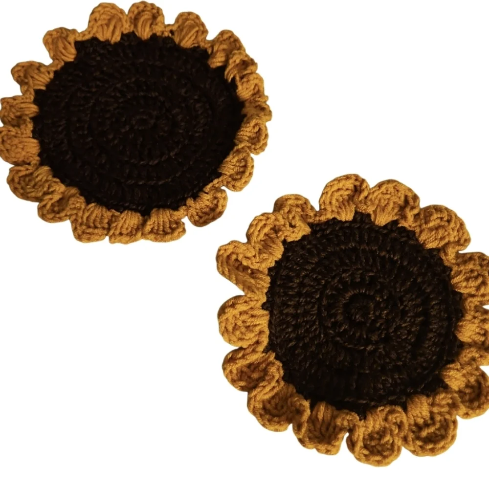 Hand Crafted Floral Coaster 2pc Set Sunflower Mug Rug Home Decor Faux Flower Mat